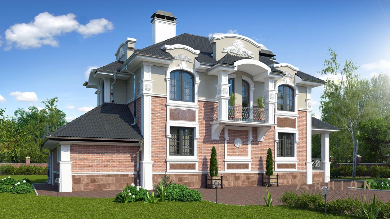 4. Проект двухэтажного дома в классическом стиле с плоской кровлей , cp-71-11, площадью - 340 кв c цокольным этажом, гаражом