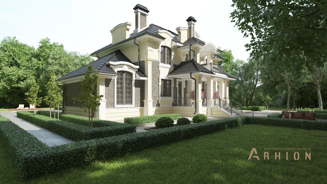 3. Проект двухэтажного дома в стиле барокко с плоской кровлей , cp-71-18, площадью - 381 кв c цокольным этажом, сауной, терассой, балконом, бассейном