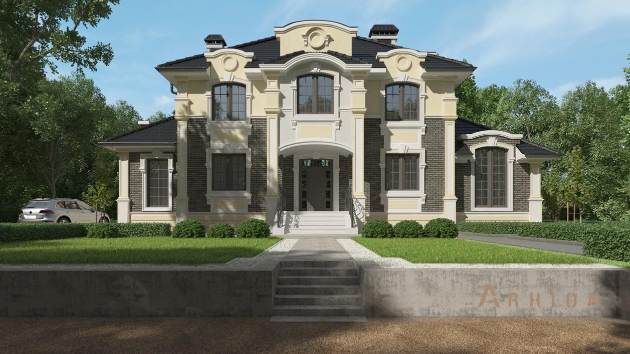 1. Проект двухэтажного дома в стиле барокко с плоской кровлей , cp-71-18, площадью - 381 кв c цокольным этажом, сауной, терассой, балконом, бассейном