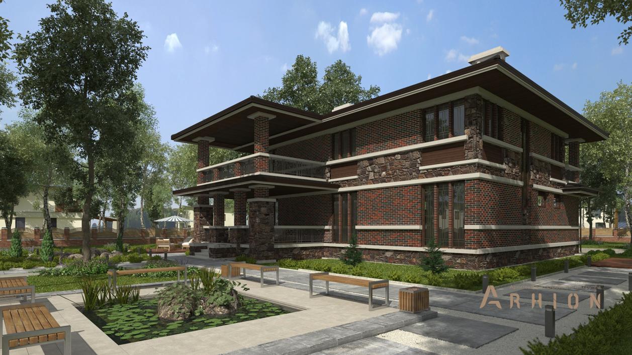 2. Проект двухэтажного дома в стиле Ллойда Райта (прерий) с плоской кровлей , cp-71-22, площадью - 392 кв c цокольным этажом, терассой, балконом, гаражом