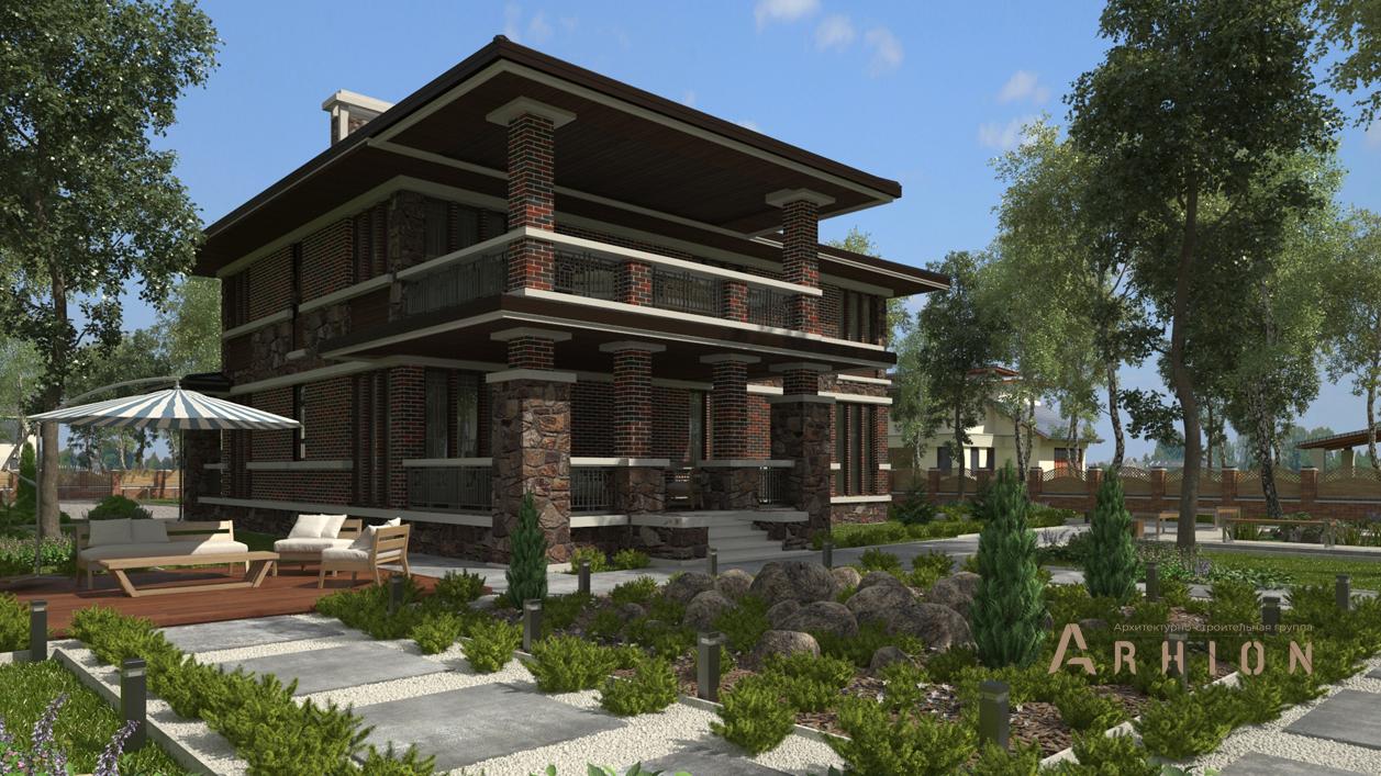 3. Проект двухэтажного дома в стиле Ллойда Райта (прерий) с плоской кровлей , cp-71-22, площадью - 392 кв c цокольным этажом, терассой, балконом, гаражом