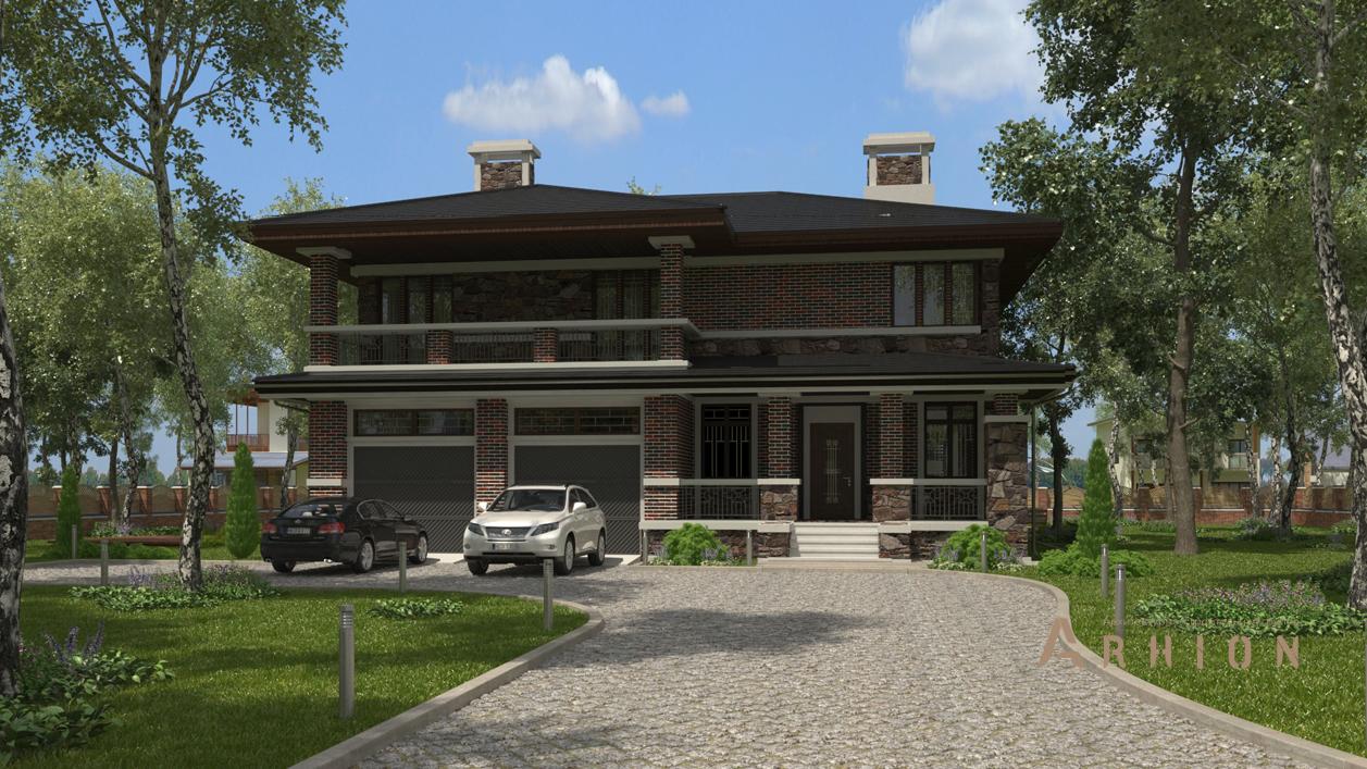 1. Проект двухэтажного дома в стиле Ллойда Райта (прерий) с плоской кровлей , cp-71-22, площадью - 392 кв c цокольным этажом, терассой, балконом, гаражом