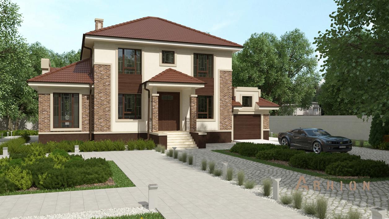 1. Проект двухэтажного дома в современном стиле с четырехскатной, cp-71-26, площадью - 327 кв c цокольным этажом, терассой, гаражом