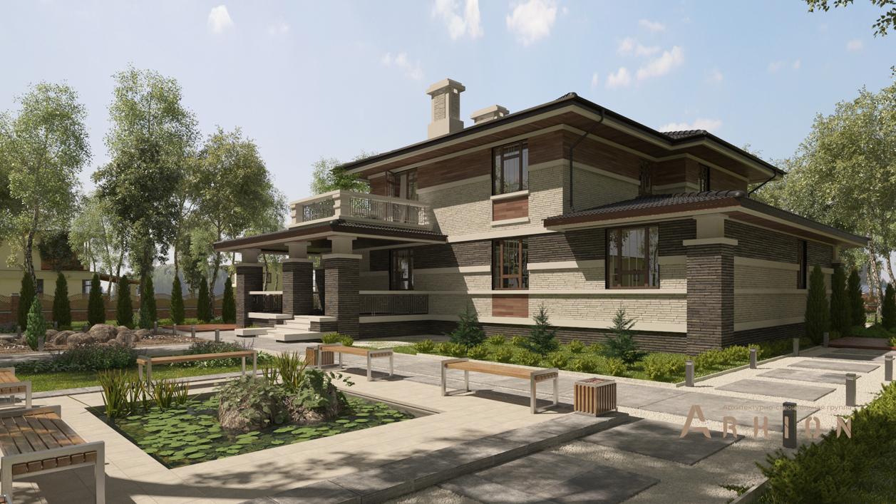 2. Проект двухэтажного дома в стиле Ллойда Райта (прерий) с плоской кровлей , cp-71-31, площадью - 467 кв c цокольным этажом