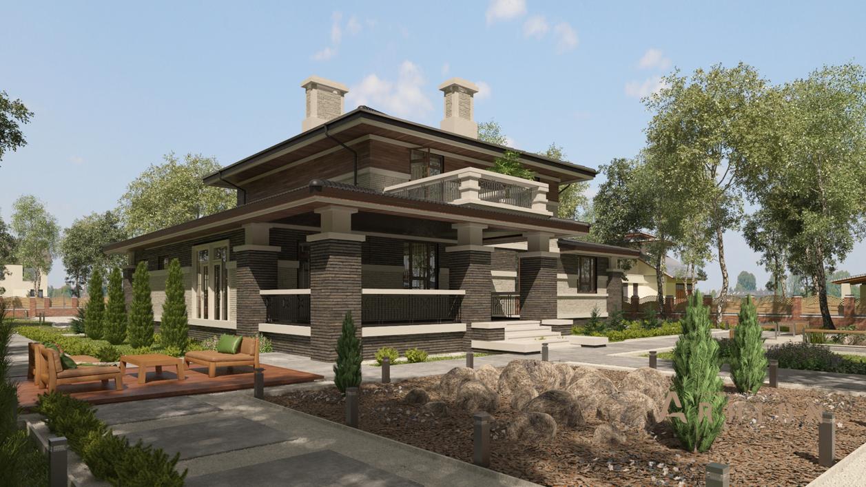 3. Проект двухэтажного дома в стиле Ллойда Райта (прерий) с плоской кровлей , cp-71-31, площадью - 467 кв c цокольным этажом