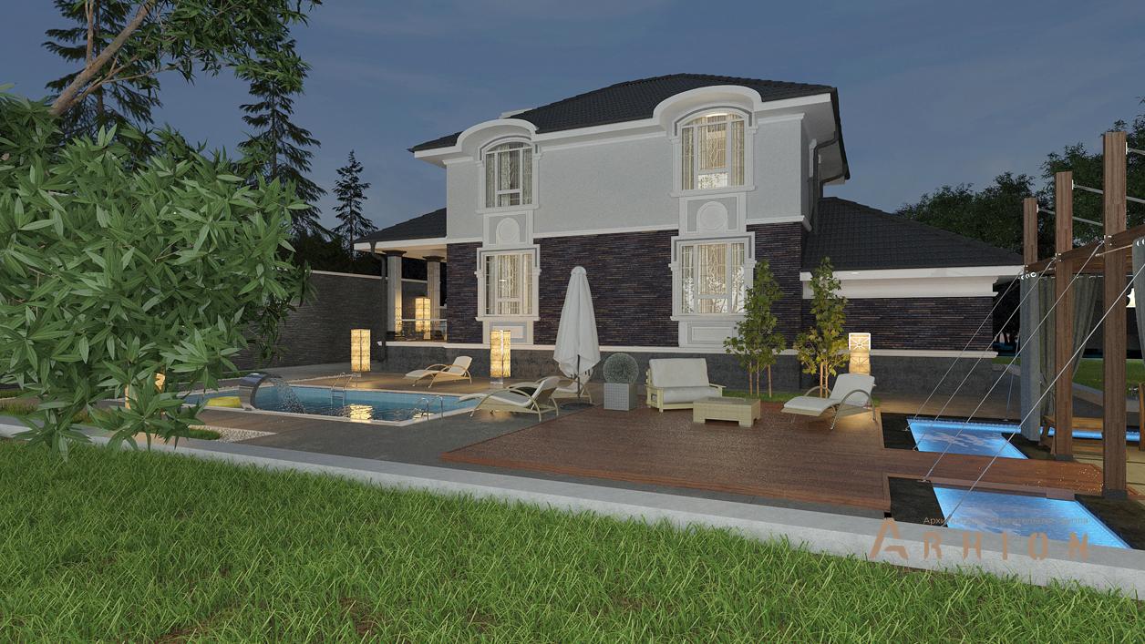 4. Проект двухэтажного дома в современном стиле с плоской кровлей , cp-71-44, площадью - 236 кв c цокольным этажом, терассой, гаражом