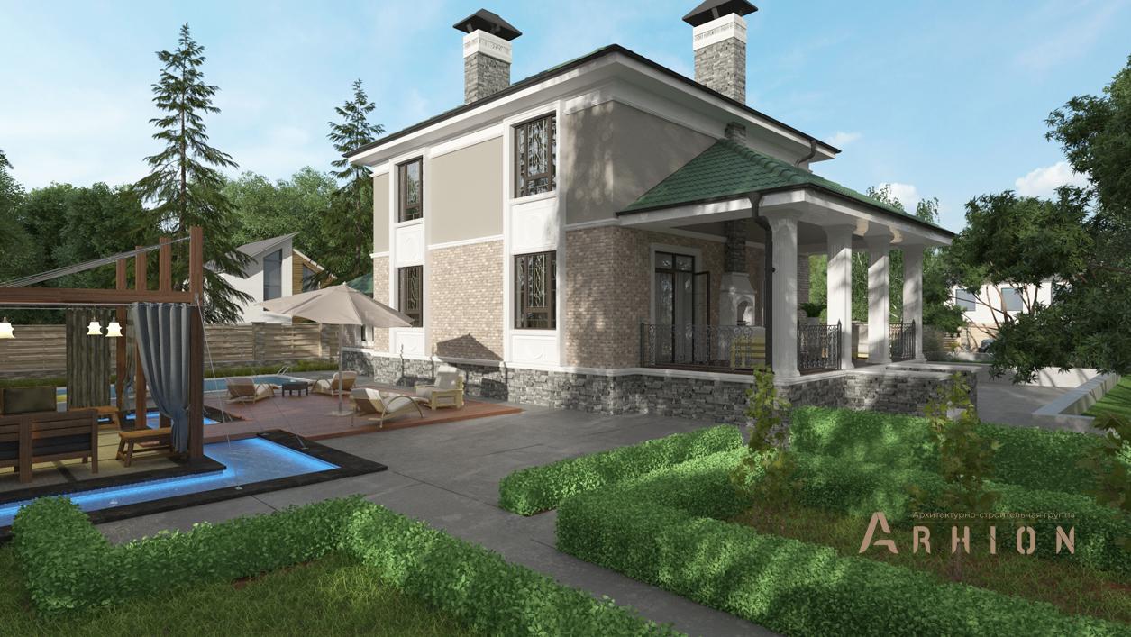 3. Проект двухэтажного дома в современном стиле с четырехскатной, cp-71-46, площадью - 276 кв c цокольным этажом, сауной, терассой