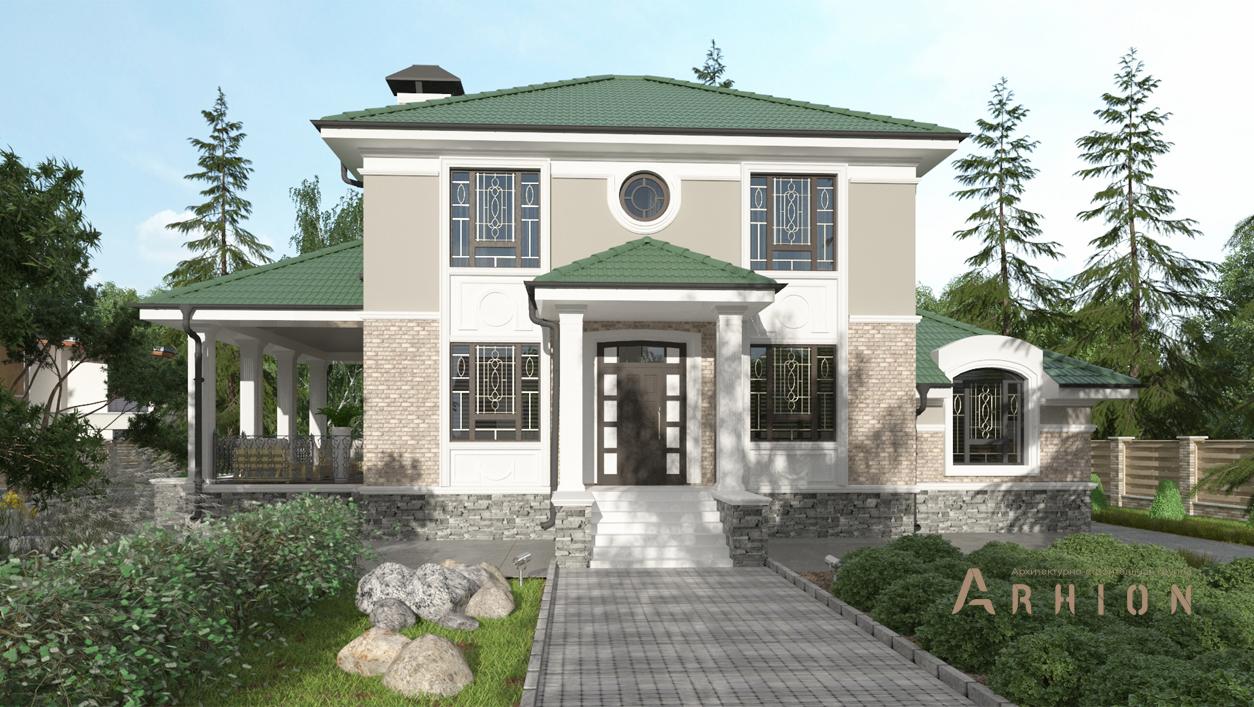 1. Проект двухэтажного дома в современном стиле с четырехскатной, cp-71-46, площадью - 276 кв c цокольным этажом, сауной, терассой