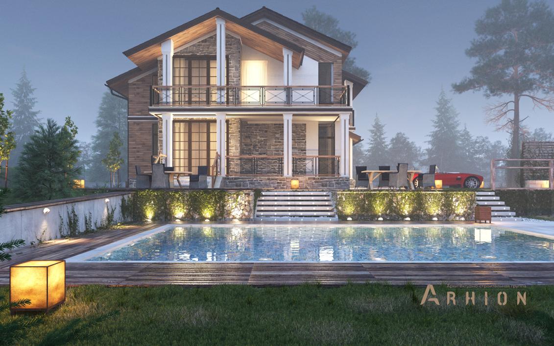 2. Проект двухэтажного дома в финском стиле с двускатной кровлей, cp-71-55, площадью - 330 кв c цокольным этажом, сауной, терассой, балконом, гаражом, бассейном