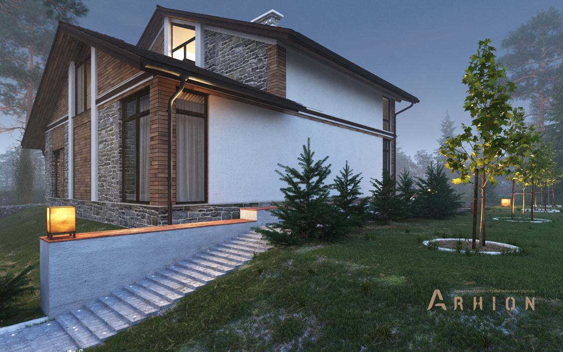 3. Проект двухэтажного дома в финском стиле с двускатной кровлей, cp-71-55, площадью - 330 кв c цокольным этажом, сауной, терассой, балконом, гаражом, бассейном