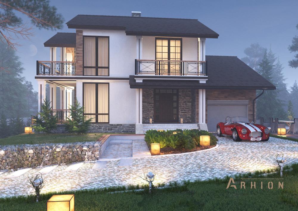 1. Проект двухэтажного дома в финском стиле с двускатной кровлей, cp-71-55, площадью - 330 кв c цокольным этажом, сауной, терассой, балконом, гаражом, бассейном