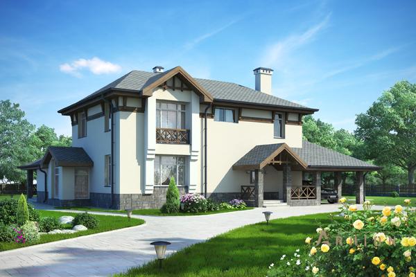 1. Проект двухэтажного дома в европейском стиле с плоской кровлей , cp-80-13, площадью - 225 кв c терассой, гаражом