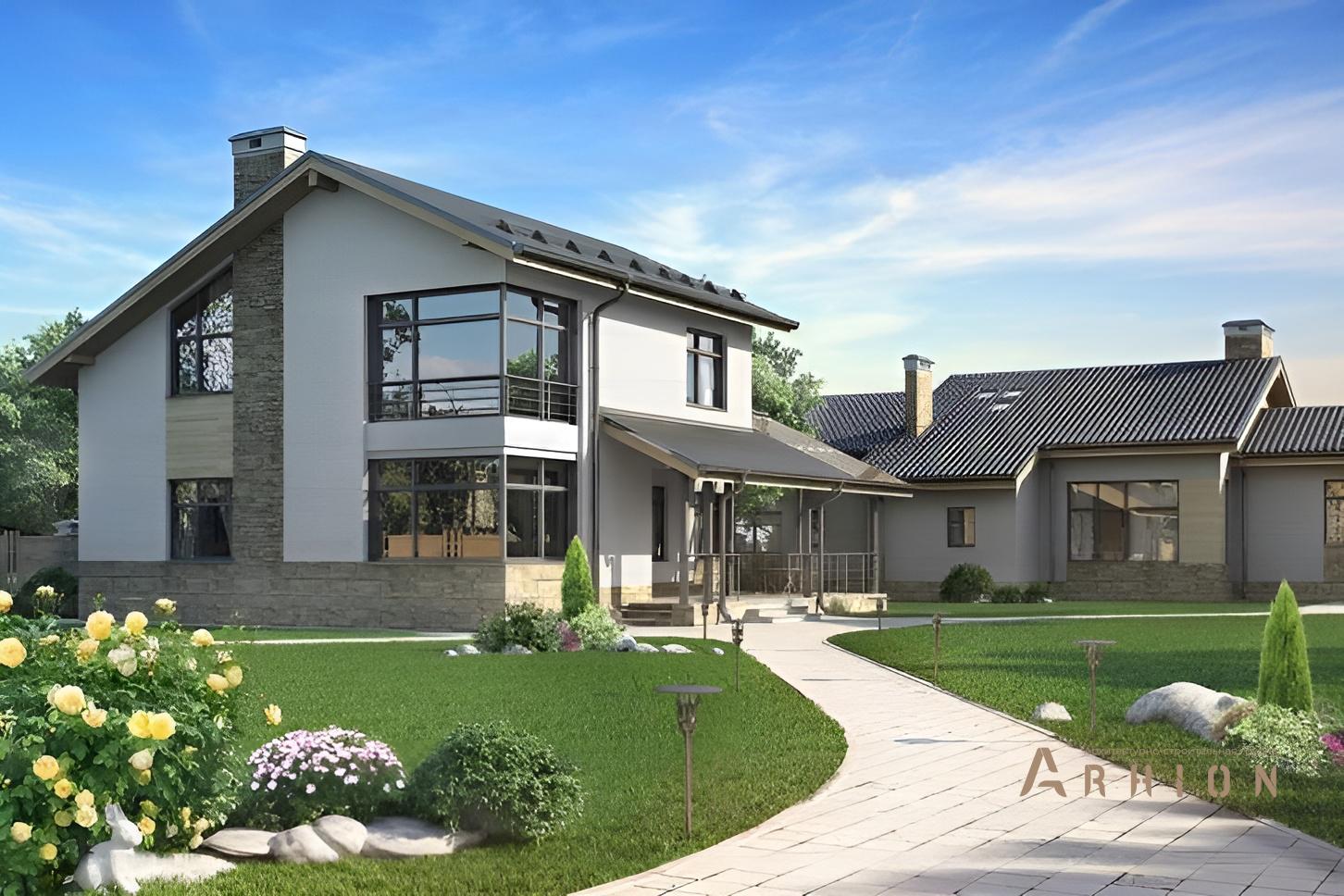 2. Проект одноэтажного дома в финском стиле с двускатной кровлей, cp-80-19, площадью - 220 кв c мансардой, терассой