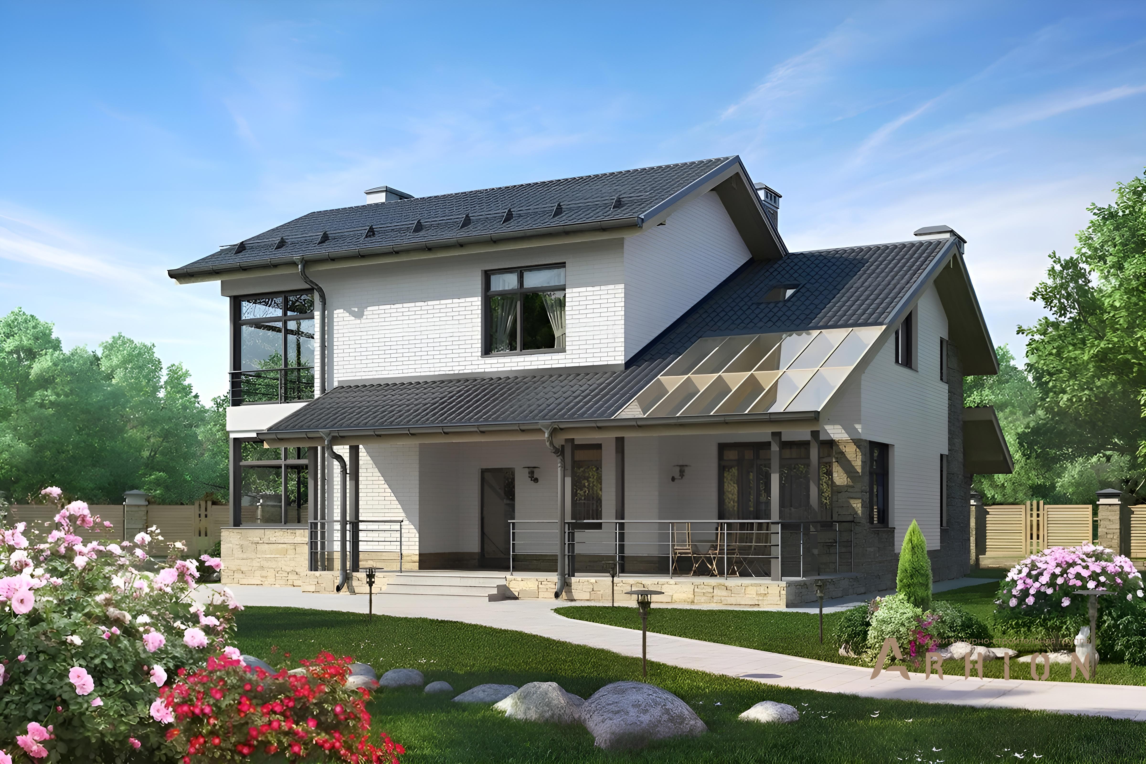 1. Проект одноэтажного дома в финском стиле с двускатной кровлей, cp-80-19, площадью - 220 кв c мансардой, терассой