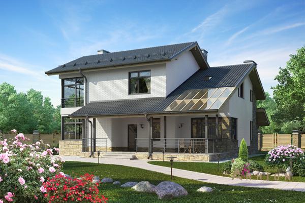 1. Проект одноэтажного дома в финском стиле с двускатной кровлей, cp-80-19, площадью - 220 кв c мансардой, терассой