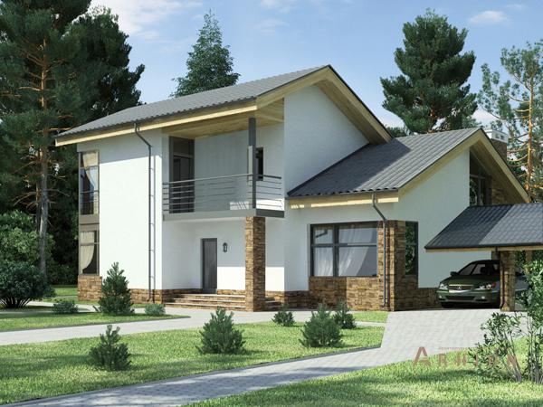 1. Проект одноэтажного дома в скандинавском стиле с двускатной кровлей, cp-80-21, площадью - 201 кв c мансардой, терассой, балконом, гаражом