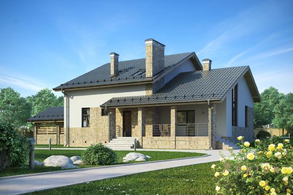 1. Проект двухэтажного дома в финском стиле с двускатной кровлей, cp-80-23, площадью - 442 кв c гаражом, вторым светом