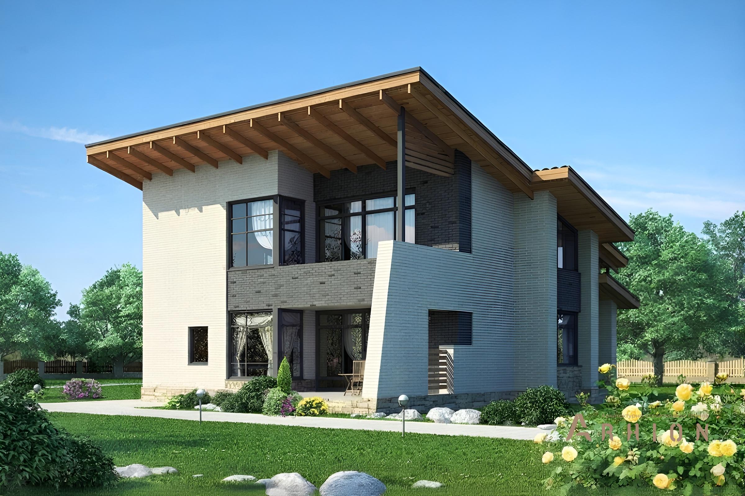 1. Проект двухэтажного дома в современном стиле с односкатной кровлей, cp-80-26, площадью - 183 кв c терассой, балконом