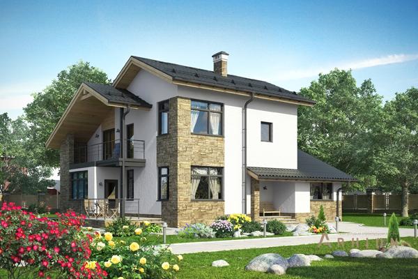 1. Проект двухэтажного дома в финском стиле с двускатной кровлей, cp-82-74, площадью - 165 кв c терассой, балконом