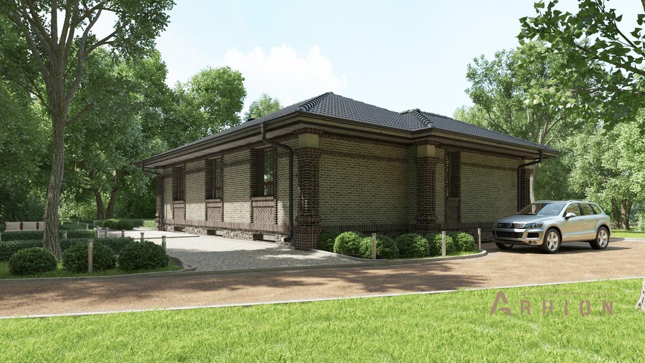 2. Проект одноэтажного дома в стиле Ллойда Райта (прерий) с четырехскатной, cp-84-46, площадью - 421 кв c цокольным этажом, сауной, терассой, бассейном