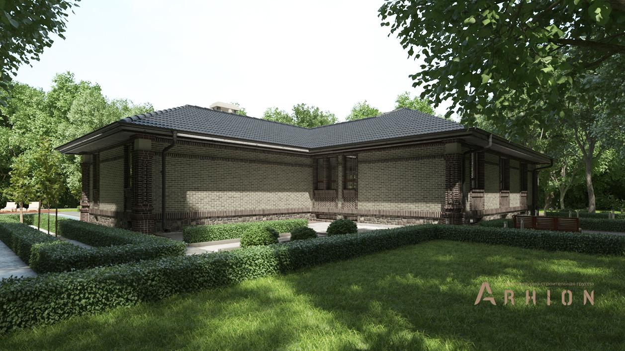 3. Проект одноэтажного дома в стиле Ллойда Райта (прерий) с четырехскатной, cp-84-46, площадью - 421 кв c цокольным этажом, сауной, терассой, бассейном