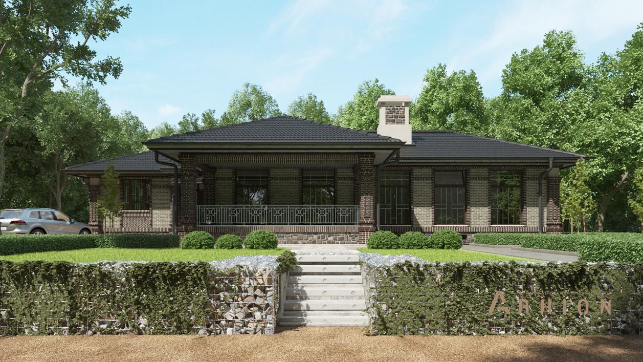 1. Проект одноэтажного дома в стиле Ллойда Райта (прерий) с четырехскатной, cp-84-46, площадью - 421 кв c цокольным этажом, сауной, терассой, бассейном