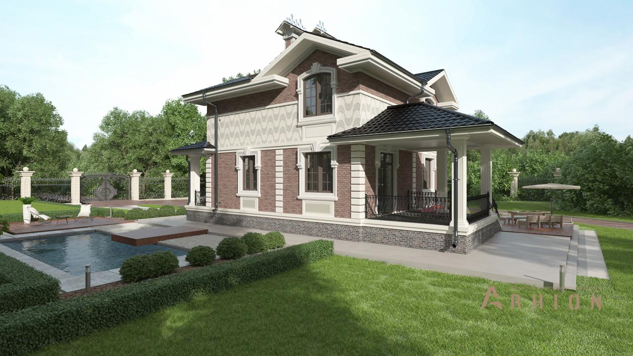 2. Проект двухэтажного дома в английском стиле с многоскатной кровлей, cp-84-55, площадью - 261 кв c цокольным этажом, сауной, терассой, балконом, гаражом