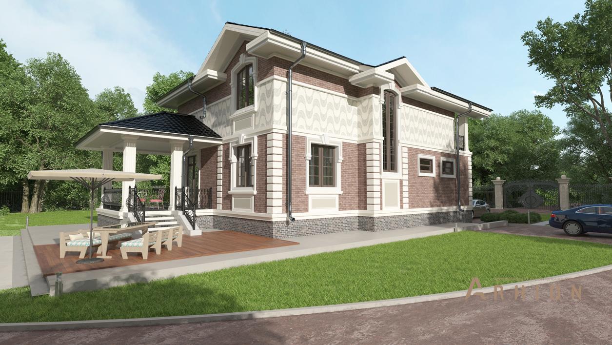 3. Проект двухэтажного дома в английском стиле с многоскатной кровлей, cp-84-55, площадью - 261 кв c цокольным этажом, сауной, терассой, балконом, гаражом