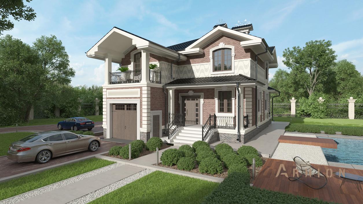 1. Проект двухэтажного дома в английском стиле с многоскатной кровлей, cp-84-55, площадью - 261 кв c цокольным этажом, сауной, терассой, балконом, гаражом