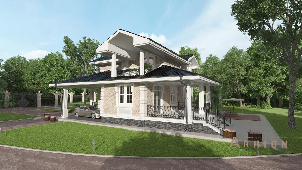 2. Проект двухэтажного дома в английском стиле с многоскатной кровлей, cp-84-56, площадью - 308 кв c цокольным этажом, сауной, терассой, балконом