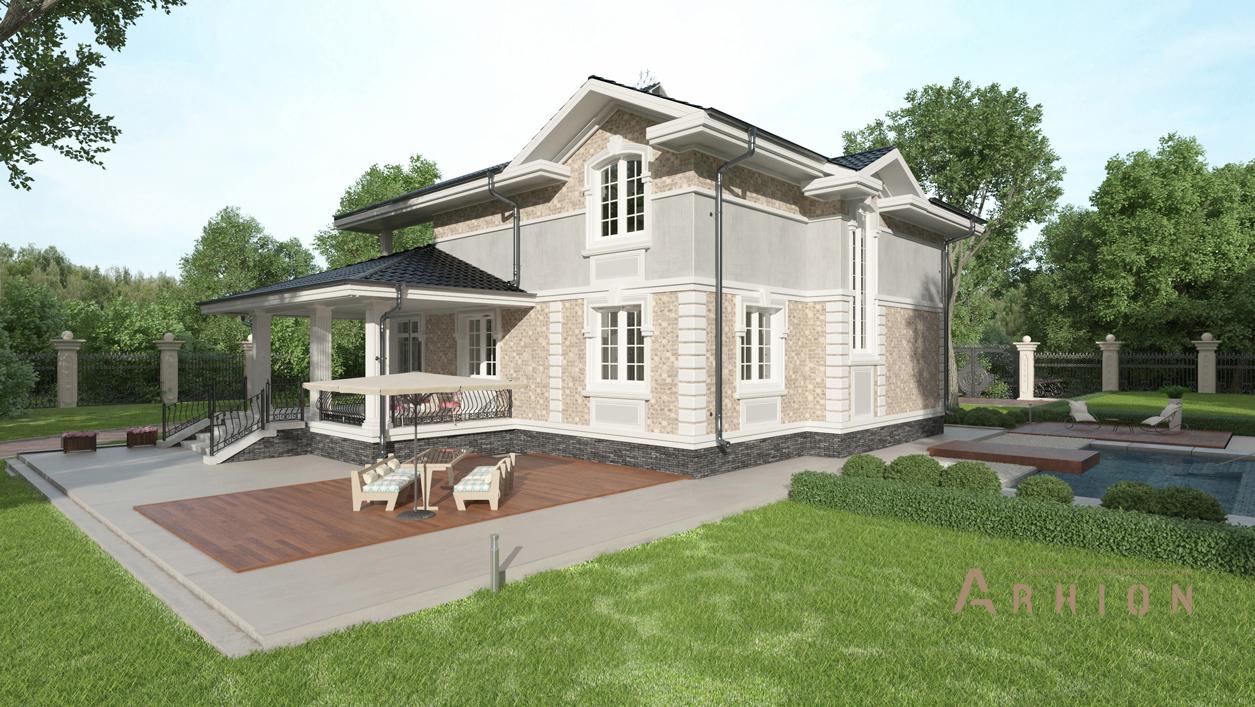 3. Проект двухэтажного дома в английском стиле с многоскатной кровлей, cp-84-56, площадью - 308 кв c цокольным этажом, сауной, терассой, балконом