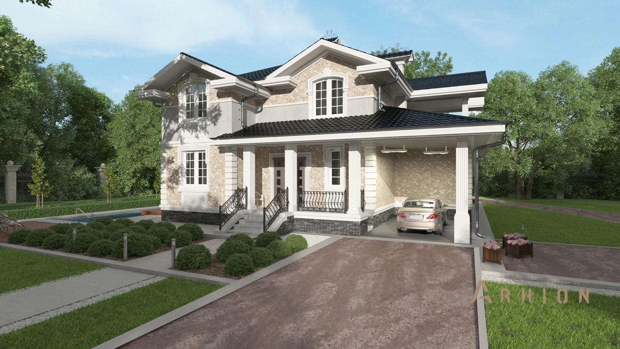 1. Проект двухэтажного дома в английском стиле с многоскатной кровлей, cp-84-56, площадью - 308 кв c цокольным этажом, сауной, терассой, балконом