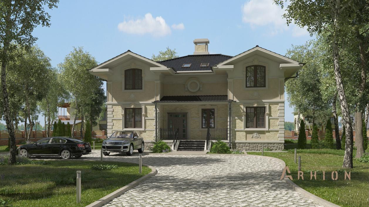 1. Проект двухэтажного дома в английском стиле с четырехскатной, cp-84-58, площадью - 391 кв c цокольным этажом, сауной, терассой