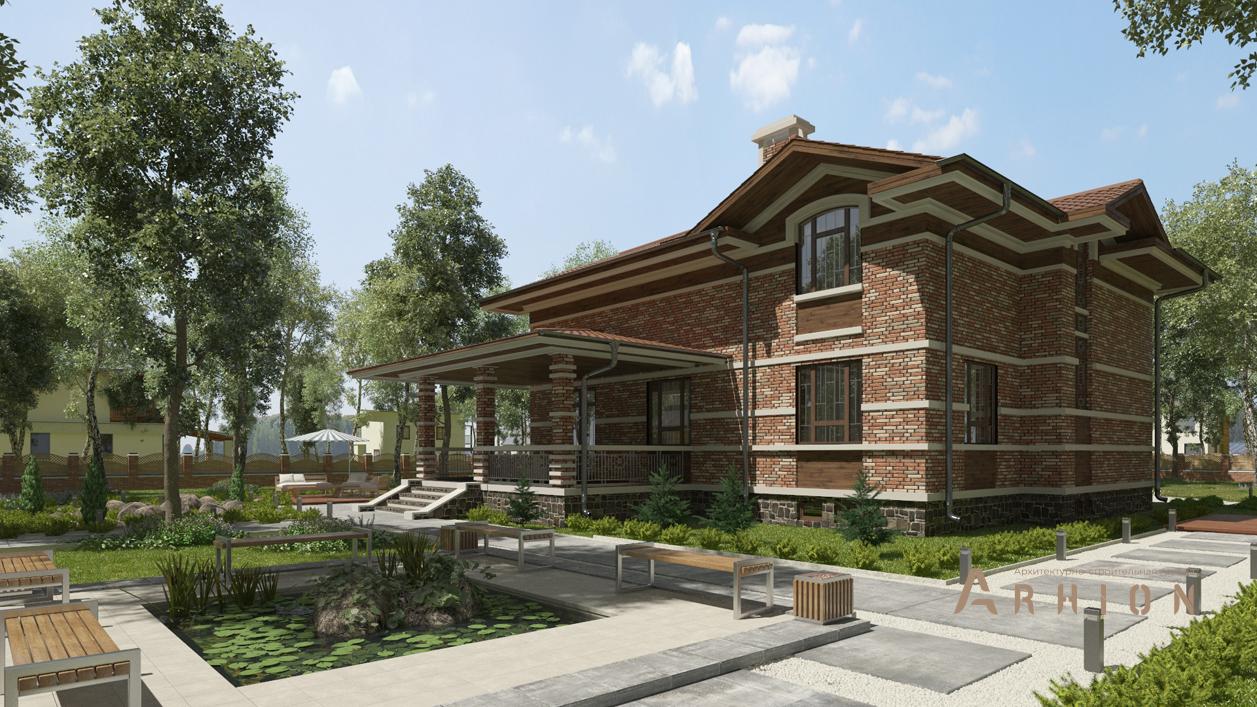 2. Проект двухэтажного дома в английском стиле с четырехскатной, cp-84-59, площадью - 441 кв c цокольным этажом, сауной, терассой, гаражом