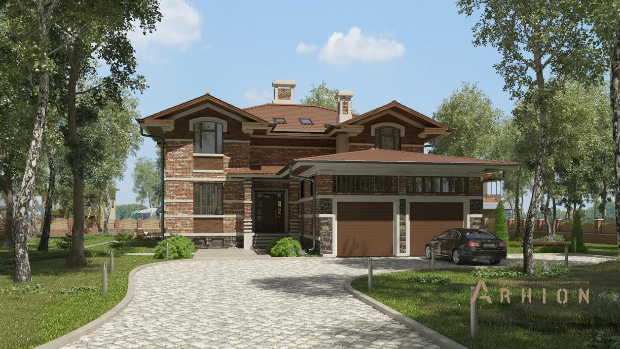 1. Проект двухэтажного дома в английском стиле с четырехскатной, cp-84-59, площадью - 441 кв c цокольным этажом, сауной, терассой, гаражом