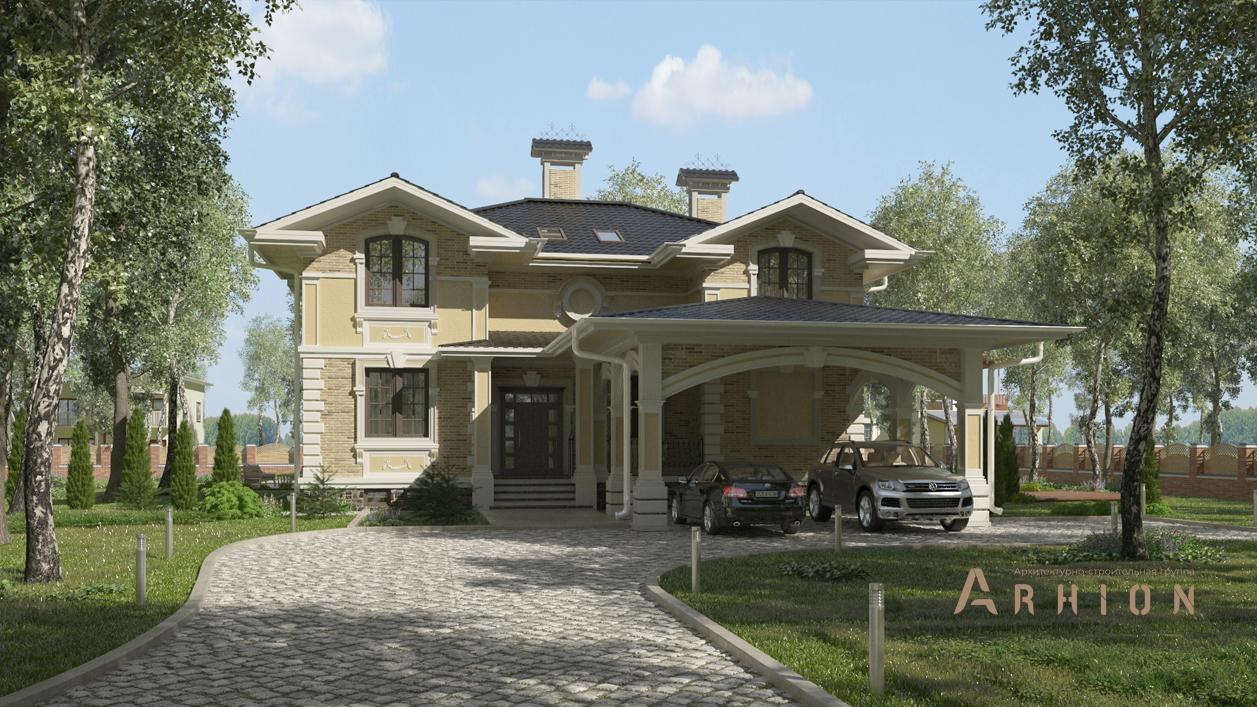 1. Проект двухэтажного дома в современном классическом стиле с многоскатной кровлей, cp-84-60, площадью - 391 кв c цокольным этажом, терассой