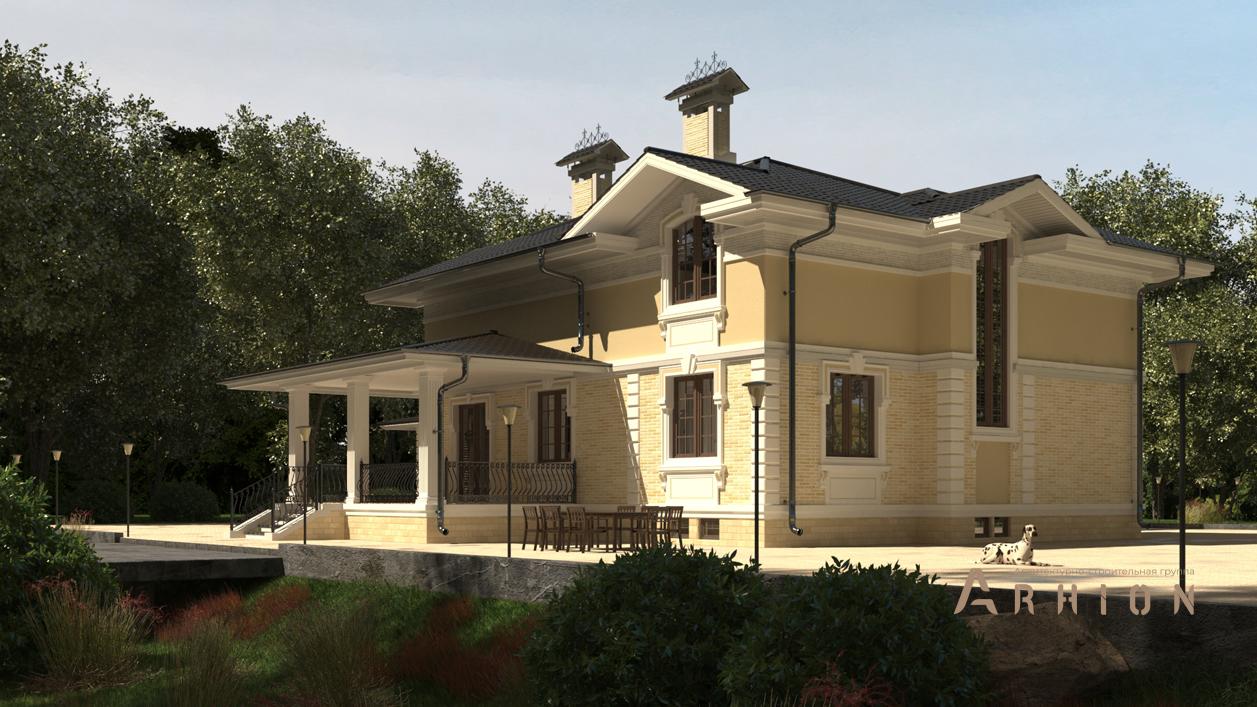 2. Проект двухэтажного дома в английском стиле с четырехскатной, cp-84-64, площадью - 548 кв c цокольным этажом, сауной, терассой, гаражом, бассейном