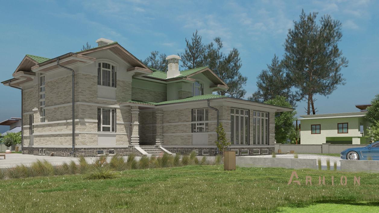 1. Проект двухэтажного дома в английском стиле с четырехскатной, cp-84-70, площадью - 415 кв c цокольным этажом, сауной, терассой, бассейном