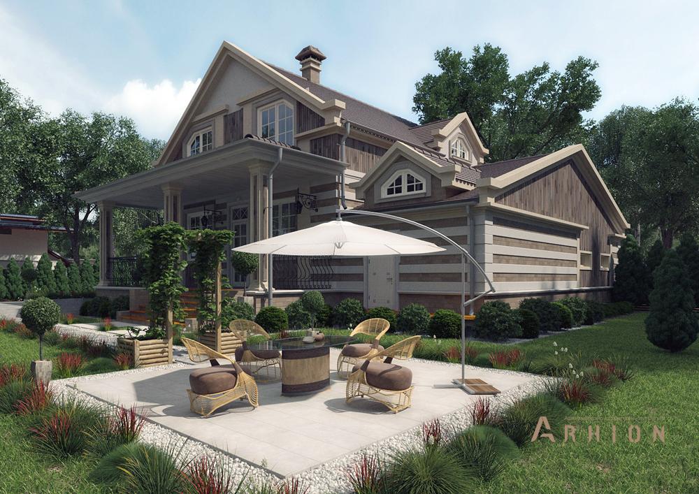 2. Проект одноэтажного дома в альпийском стиле с двускатной кровлей, cp-87-04, площадью - 228 кв c цокольным этажом, мансардой, сауной, терассой, балконом, гаражом