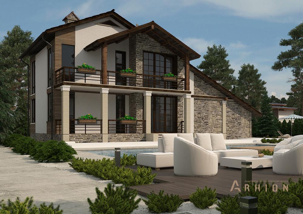 2. Проект двухэтажного дома в стиле шале с двускатной кровлей, cp-87-12, площадью - 366 кв c цокольным этажом, сауной, терассой, балконом, гаражом