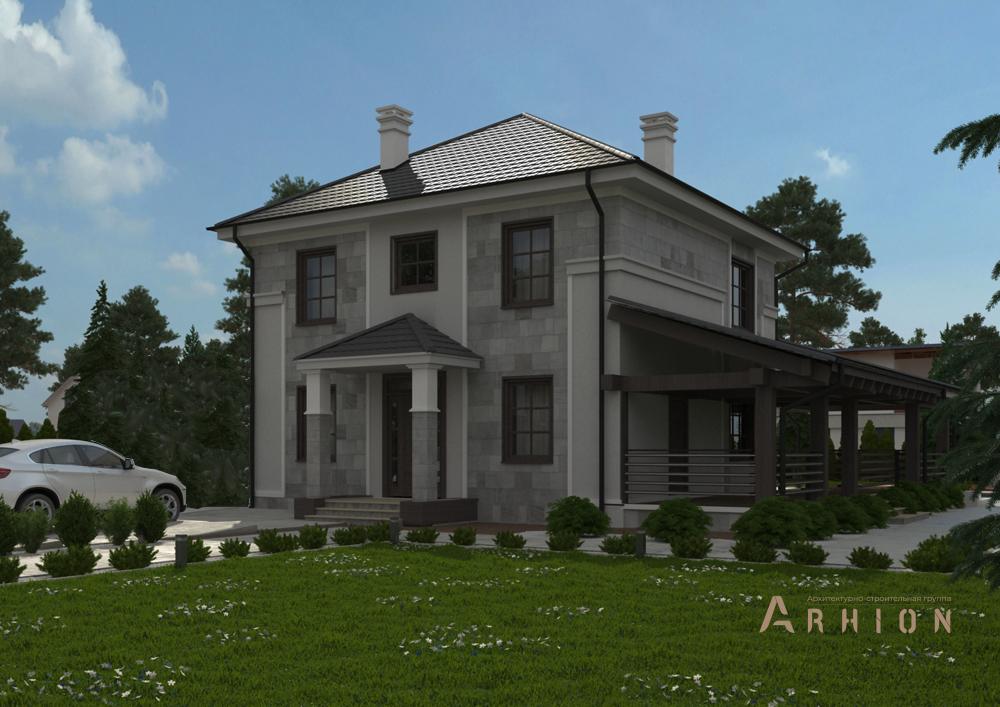 1. Проект двухэтажного дома в классическом стиле с четырехскатной, cp-87-21, площадью - 142 кв c цокольным этажом, сауной, терассой, гаражом