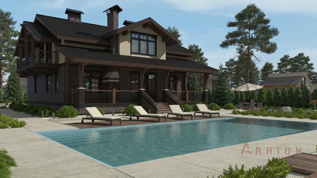 2. Проект одноэтажного дома в европейском стиле с многоскатной кровлей, cp-87-24, площадью - 404 кв c цокольным этажом, мансардой, сауной, терассой, балконом, бассейном