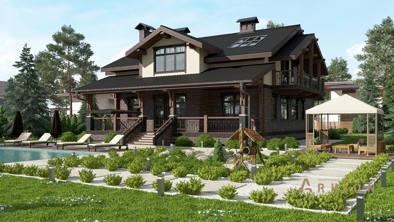 4. Проект одноэтажного дома в европейском стиле с многоскатной кровлей, cp-87-29, площадью - 245 кв c мансардой, сауной, терассой, балконом, вторым светом