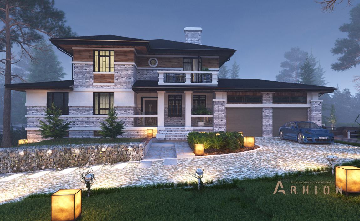 1. Проект двухэтажного дома в стиле Ллойда Райта (прерий) с четырехскатной, cp-87-57, площадью - 477 кв c цокольным этажом, сауной, терассой, балконом