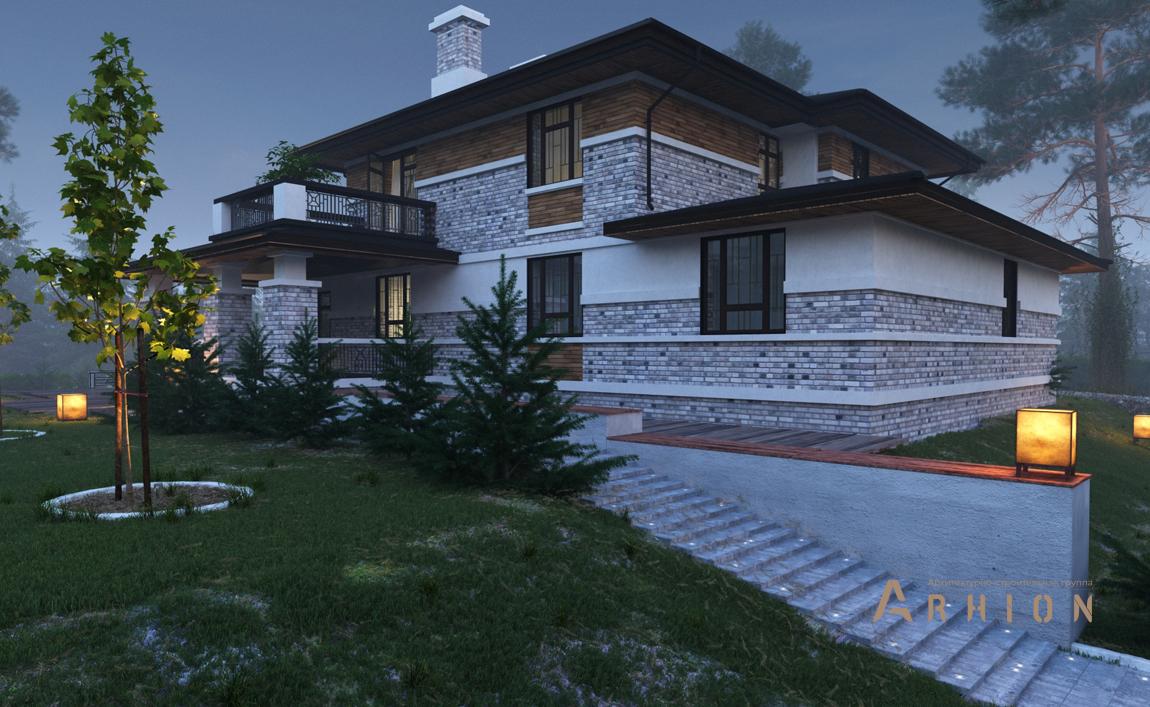 3. Проект двухэтажного дома в стиле Ллойда Райта (прерий) с четырехскатной, cp-87-58, площадью - 309 кв c терассой, балконом