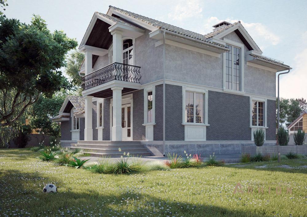 3. Проект одноэтажного дома в современном классическом стиле с двускатной кровлей, cp-87-77, площадью - 196 кв c цокольным этажом, мансардой, сауной, балконом