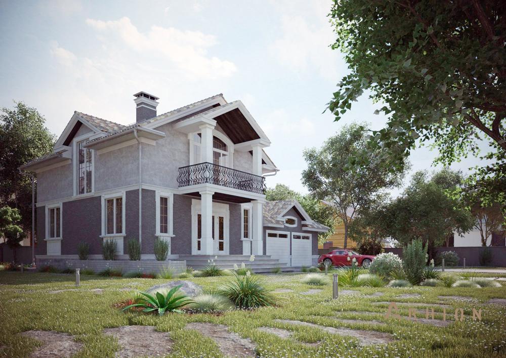 1. Проект одноэтажного дома в современном классическом стиле с двускатной кровлей, cp-87-77, площадью - 196 кв c цокольным этажом, мансардой, сауной, балконом