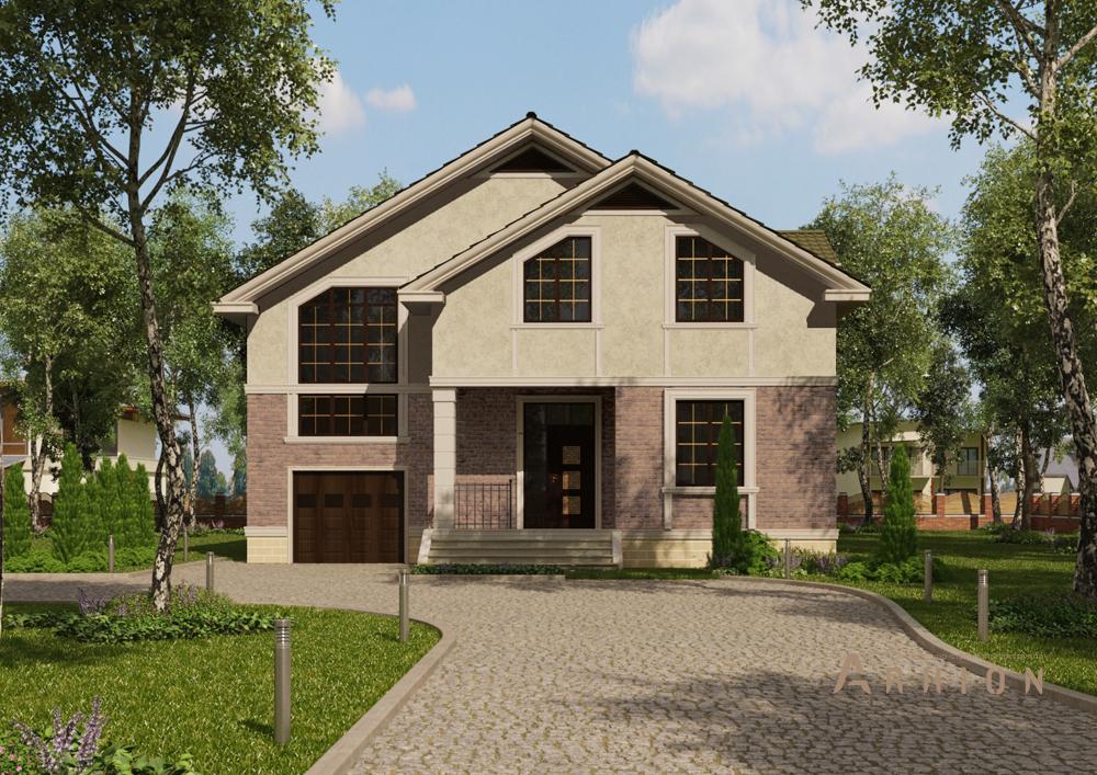 1. Проект одноэтажного дома в финском стиле с двускатной кровлей, cp-87-80, площадью - 261 кв c цокольным этажом, мансардой, сауной, терассой, балконом, гаражом