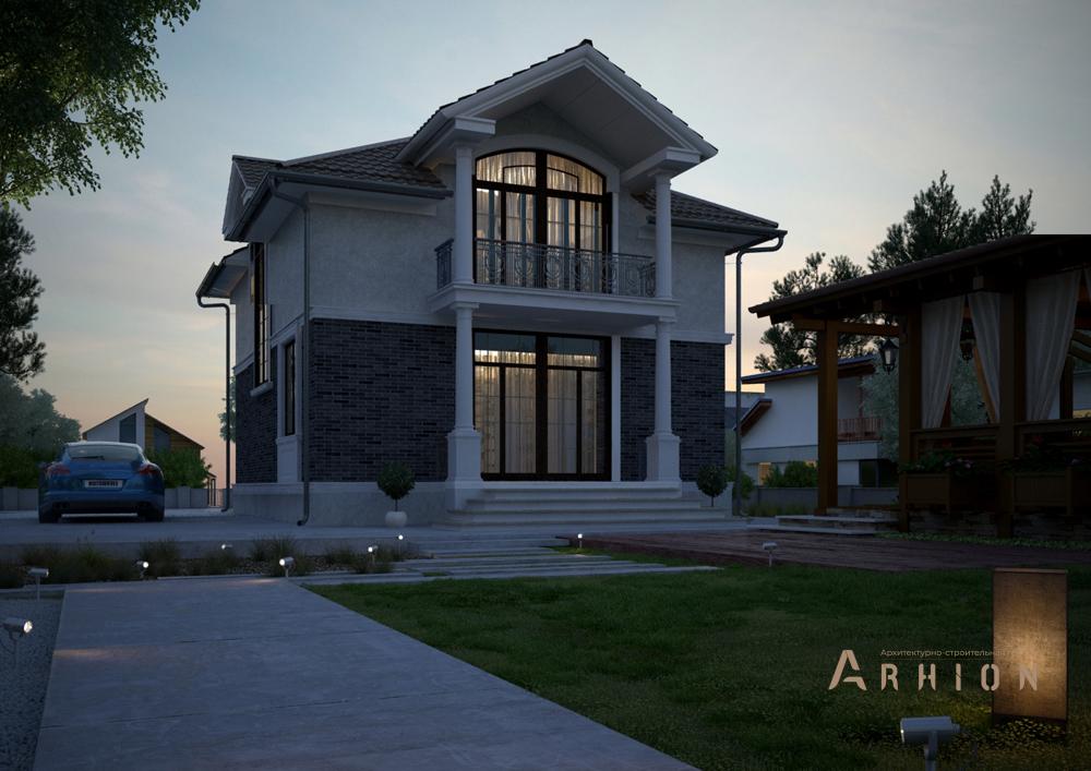 2. Проект двухэтажного дома в современном классическом стиле с четырехскатной, cp-87-95, площадью - 178 кв c цокольным этажом, терассой, балконом