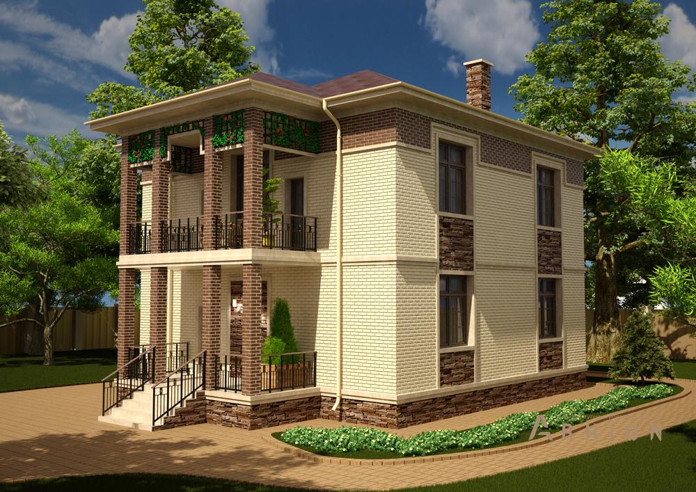 1. Проект двухэтажного дома в современном стиле с четырехскатной, cp-88-20, площадью - 168 кв c терассой, балконом, эркером